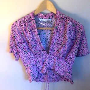 Zara cropped pink floral blouse